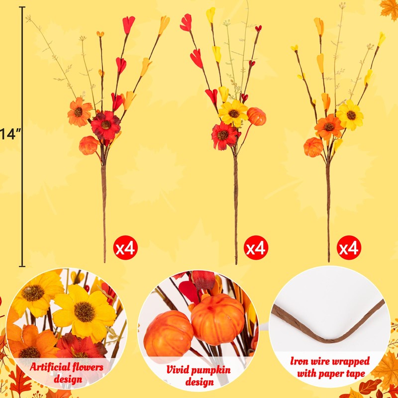 12Pcs Fall Flowers Decorations Artificial Floral Stems with Pumpkin Flower