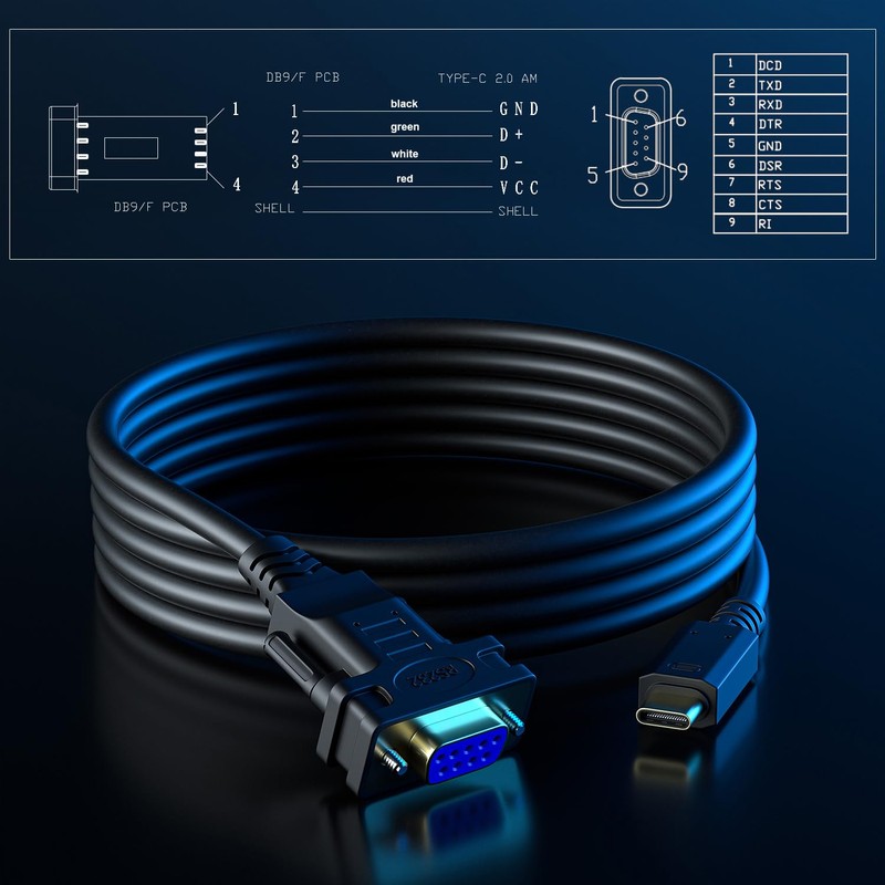 USB-C to Serial Adapter, 6FT RS232 DB9 Female Converter Cable,