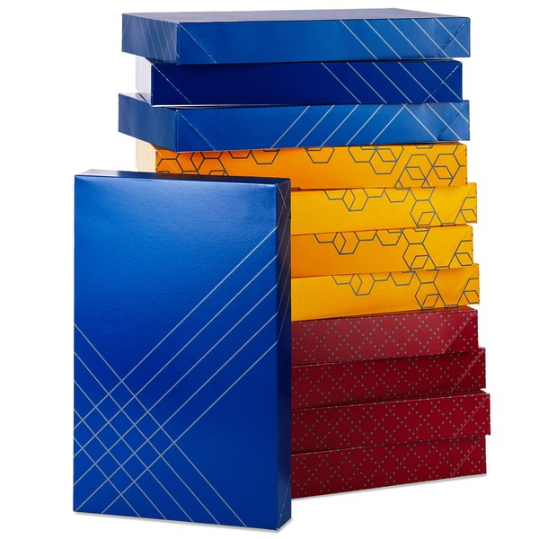 Hallmark (12 Ct: 4 Each of Color) for Christmas, Hanukkah, Valentine's Day, Birthdays Designed Shirt Boxes with Lids, Red, Blue, Yellow, Geometric Patterns
