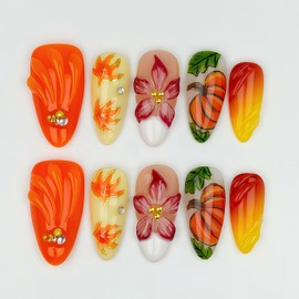 30Pcs Fall Press on Nails Almond Fake Nails Thanksgiving Day False Nails with Autumn Maple Leaf Flowers Pumpkin Pattern and Rhinestones Design Nail Maple Leaves French Tip Nail for Women Holiday Nail