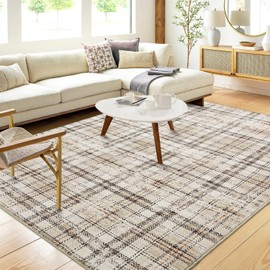 GlowSol Modern Rugs 8x10 Rug for Living Room Plaid Large Rug Washable Area Rug Non Slip Soft Carpet Bedroom Rug Farmhouse Non Shedding Throw Rug for Office Nursery Dining Room Classroom 8'x10' Beige