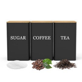 Tea Coffee Sugar Canisters Black 3 Pack - Metal Storage Jars with Airtight Bamboo Lid & Engraved COFFEE/SUGAR/TEA Labels - Square Kitchen Canisters Set 85x85x150mm for Coffee Beans, Tea Bags, Dry Food
