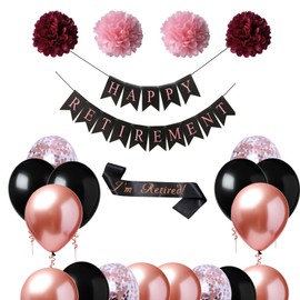 Rose Gold Retirement Party Decoration Kit,Retirement Party Supplies for Women,Mother,with HAPPY RETIREMENT Banner,Retirement Sash,Rose Gold and Gold Confetti Balloons,Paper Pom Poms and Ribbon