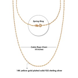 Wishrocks 14K Rose Gold Over Sterling Silver Italian-Crafted 1.35mm Cable Rope Chain Necklace – 18 Inches for Women