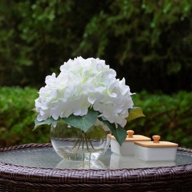 ENOVA FLORAL Silk Hydrangea Artificial Flowers in Ball Vase with Faux Water, Silk Flower Arrangements in Vase for Home Decor, Wedding Table (Cream)