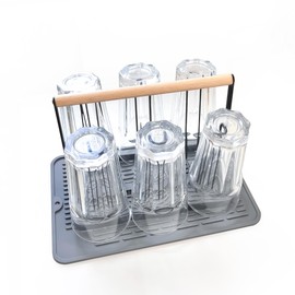 HAOYIJIA Cup Drying Rack, Non-Slip Beer Glasses Rack with Wood Handle, Metal Mugs Cups Organizer with Removable Draining Tray, Drainer Holder Rack Bottle Drying Rack Stand with 6 Hooks, Black