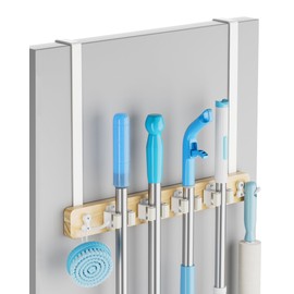 Lorbro Broom Holder Door Mount, Over the Door Broom and Mop Holder with 2 Over Door Hooks, Wood Broom Hanger, Tool Rack Organizer for Laundry, Garage, Closet, Kitchen Decor, 4 Slots & 4 Hooks Rustic