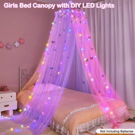 FIOBEE Bed Canopy for Girls Room Bed Canopy Curtains with Led Lights Mosquito Net DIY Princess Room Décor with Stars Butterflies for Kids Bedroom, Rainbow
