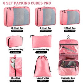 Toncoke 8 Set Packing Cubes for Travel Women Men Kids, Mesh Suitcase Organizer Bags Set for Luggage, 4 Sizes Extra Large, Large, Medium, Small, Travel Camping Essentials Accessories,Pink