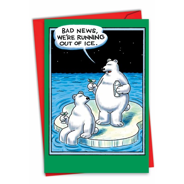 NobleWorks - Merry Christmas Greeting Card with Envelope (4.63 x 6.75 Inch) Showing Colorful Cartoons - Out of Ice 5738