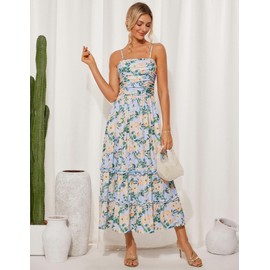 Women's 2025 Summer Floral Boho Dress Square Neck Flowy Swing A Line Beach Long Maxi Dress with Pockets