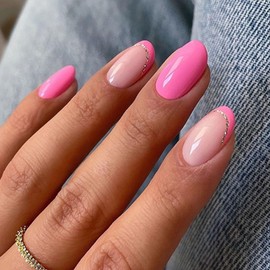 Rose Red Press on Nails Short Round False Nails Press ons with Golden Glitter-Lines Design French Tip Acrylic Fake Nails Cute Oval Glue on Nails for Girls 24Pcs