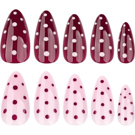 Uas postizas de lunares almendradas medianas color borgoa y rosa con lindos diseos, 24 piezas, reutilizables, acrlicas, de cobertura total, adhesivas.