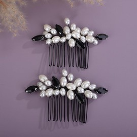 Teyglen Pearl Wedding Hair Comb Simple Rhinestone Pearl Hair Piece Black Headpiece Bridal Crystal Pearl Hair Comb Elegant Hair Accessories for Women (Black)