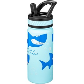 Fanhaw 550 ml Kids Insulated Water Bottle with Straw - Stainless Steel Double Wall Vacuum Cup, Leakproof, BPA Free, Suitable for Boys and Girls(Pale Blue - Big Shark)