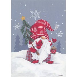 LPG Greetings Gnome with Red Gloves, Hat with Snowflakes and Dots, Cardinal, Small Tree and Lantern Box of 16 Christmas Cards