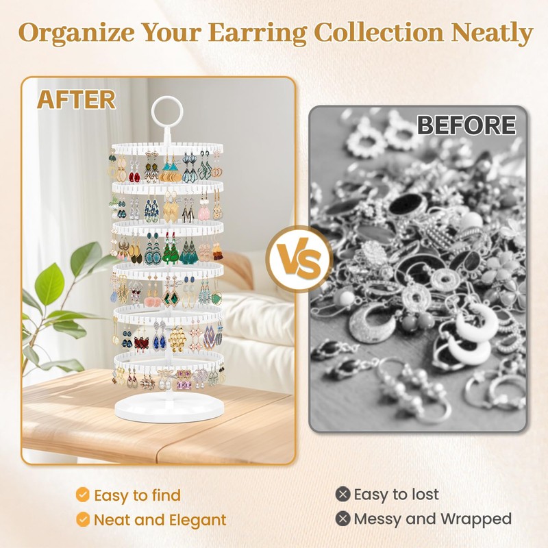 MODOWEY 6 Tier Rotating Earring Holder Organizer, Adjustable Metal &