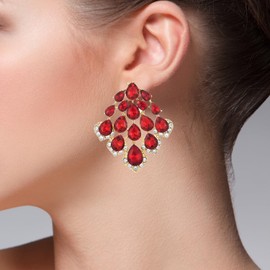 Red Crystal Chandelier Earrings, Multilayer Tear Cluster, Statement Stud Earrings, Party, Alloy Steel, No Gemstone