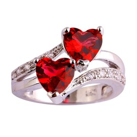 Emsione Vintage 925 Sterling Silver Plated Created Ruby Spinel Bypass Double Heart Love Band Wedding Promise Ring for Women