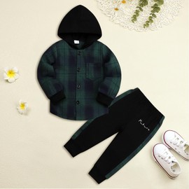 Axumity Toddler Baby Boys Clothes Plaid Flannel Long-sleeve Hooded + Sweatpants Fall Winter Christmas Outfits Set(3-4T)