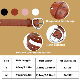 Newcotte 4 Pcs Girls Belt Size 6-12 Kids PU Leather Waist Belt Hollow Heart Design Metal Buckle for Girl Dress Pants Jeans (Black, White, Khaki, Pink,Suit for Waist Size 18"-22")