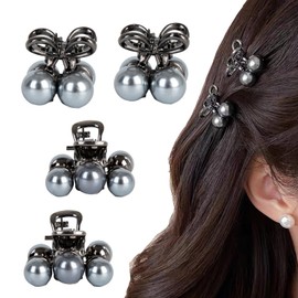 4 Pcs Mini Cherry Hair Clips, Cute Pearl Claw Clips for Women Girls, Small Cherry Claw Clip for Half Up Styles, Grey Metal Springs Hair Accessories, Birthday Gift for Girls Mother Daughter