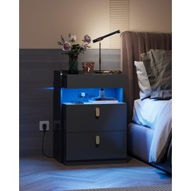 WLIVE Black Nighstand with Charging Station and LED Lights, Night Stand with Sliding Top, Modern Bedside Table with 2 Drawers, End Tables for Bedroom, Living Room, Black