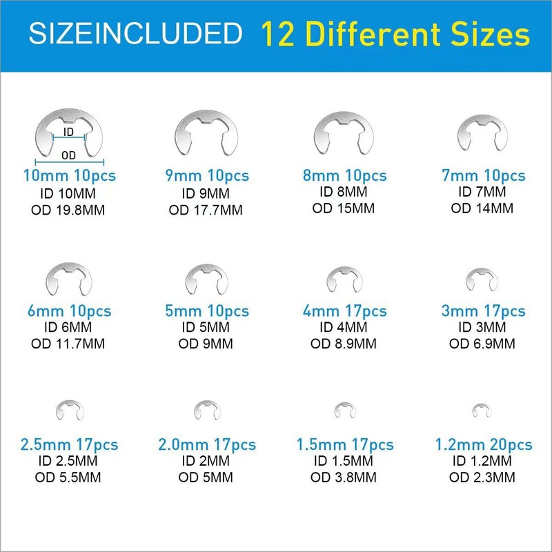 Mariyandh 327Pcs E-Clips Circlip Retaining Rings Assortment Set(1.2mm-10mm) and C-Clips