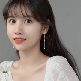 Long Pearl Earrings for Women 14K Gold Plated Boho Pearl Chain Dangle Stud Earrings Hypoallergenic Elegant Wedding Pearl Tassel Earrings for Bridal (Long Pearl Earrings)