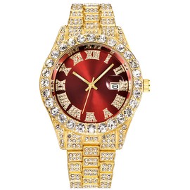 SENRUD Unisex Crystal Watch Fashion Diamond Watch Mens Womens Full Iced-Out Watches Luxury Diamond Bracelet Watch (Gold red)