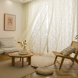 Sutuo Home - Juego de cortinas de encaje de 84 pulgadas de largo, 2 paneles de 2 paneles, color amarillo crema, traslúcido, retro, flores clásico, color beige, para decoración de recámara, sala de