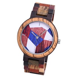 MicLee Mens Womens Wrist Watches Natural Bamboo Wood Quartz Watches Creative Colourful Patchwork Pattern Dial Bamboo Wood Strap Watche for Women Fashion Wood Watch Minimalist Dial Couple's Watch