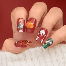 Sethexy Christmas Medium Square Press On Nails Multicolor Painted Cute False Nails Glossy Acrylic Fake Nail Salon Quality for Women and Girls 20PCS (5)