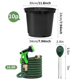 5 Gallon Nursery Pots (10-Pack) + 50ft Garden Hose with Spray Nozzle + 3-in-1 Soil Tester for Moisture/Light/pH | All-in-One Gardening Kit for Indoor/Outdoor Plants