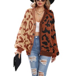 chouyatou Women's Color Block Leopard Print Button Down Long Sleeve Cardigan Sweaters (X-Small, Brown)
