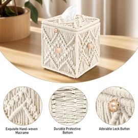KaloKalo Handmade Tissue Box Cover Decorative Macrame Boho Square Tissue Holder Cotton Rope Woven Napkin Facial Paper Organizer Bohemian Desk Storage Container with Buckle Wood Beads (Ivory)