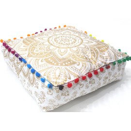 INDIAN CRAFT CASTLE Mandala Mandala Barmeri Large Floor Pillow Cover Cushion Meditation Seating Ottoman Throw Cover Hippie Decorative Zipped Bohemian Pouf Ottoman Cases (Golden, 24" Square)