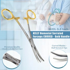 Kelly Hemostat Forceps 5.5" Curved Clamps with Half Serrated Jaws Ideal for EMT, Firefighter, Nurses, Dental, Hobby, Fishing Electronics, Pruning + More Stainless Steel (Gold Handle)