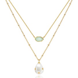 OZEL JEWELRY & GIFT Layered Gold Necklaces for Women - Crystal Colorful Delicate Cutting Pendant Necklace - 18K Gold Plated - Birthday Gifts (Made in Korea) (1M1234-3_green opal)