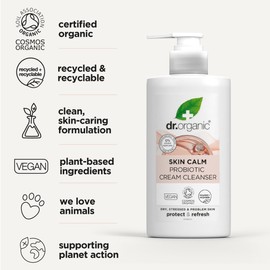 Dr Organic Skin Calm Probiotic Cream Cleanser, For Redness, Dry, Sensitive & Irritable Skin, Gentle Cleansing, Dermatologically Tested, Vegan, Cruelty Free, Paraben & SLS Free, Certified Organic,150ml