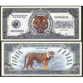 Lot of 2 bills - Tiger Million Dollar Bill, Year of the Tiger Chinese Zodiac New Year