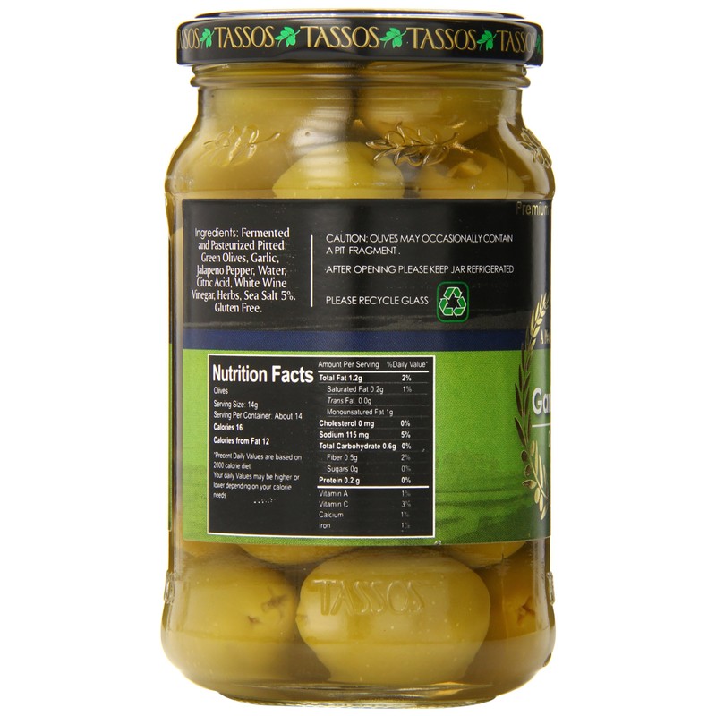 Tassos Stuffed Green Olives, Garlic Jalapeno, 13.1 Ounce