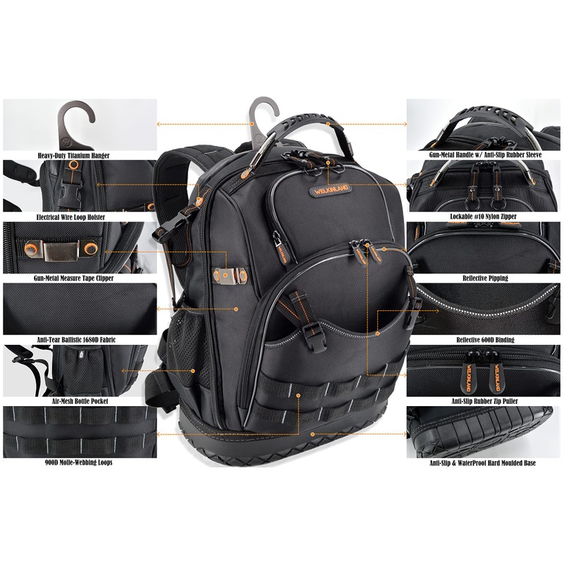 WELKINLAND 77-Pockets Electricians Tool Backpack, Tool Backpack For Men, HVAC