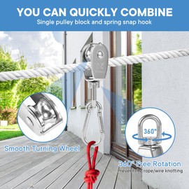 2Pcs 304 Stainless Steel M20 Single Pulley Block, Wire Rope Hanging Wire Towing Wheel, with 2Pcs Spring Snap Hook