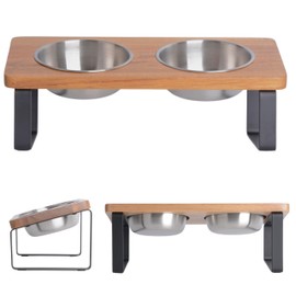 PETLINUS Raised Cat Feeding Station, Ergonomic Cat Bowl, Raised Cat Feeding Bowl, Stainless Steel and Wood, Raised Cat Feeding Bowl for Cats and Small Dogs, Raised Cat Feeding Bowl - Acacia