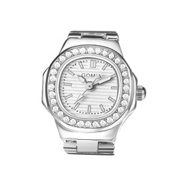 JewelryWe Ring Watch Finger Watch Women's Watches Square Quartz Analogue Adjustable Metal Ring Watch Women Glitter Rhinestone Finger Ring Watch Ring with Black Rectangular Dial, silver / white,