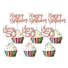 Unimall Pack of 24 Rose Gold Glitter Happy Birthday Cupcake Topper Cheers to 50 Cupcake Food Picks for Celebrating 50th Birthday Fifty Years Old Party Decorations Supply