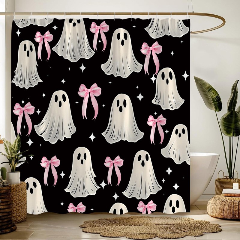 FJLLFJ Halloween Ghost Shower Curtain,Cute Spooky Bow Festival Black White