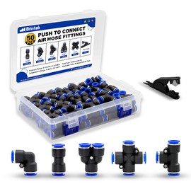Brintek 50PCS Push to Connect Fitting Kit, 5/16" or 8mm Air Hose Quick Connectors Pneumatic 10 Spliters+10 Elbows+10 Tee+10 Straight+10 Cross with 1PCS Tube Cutter