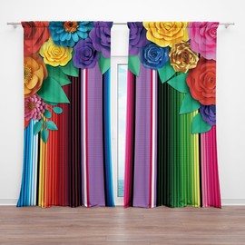 DOTOOMA 82 x 84 Inches Mexican Theme Paper Flowers Window Curtain Colorful Stripe Festival Celebration Carnival Bedroom Decoration Drapes 2 Panel Rod Pocket